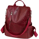 PORRASSO Anti Diebstahl Rucksack Damen Schultertasche Frauen Daypack wasserdichte PU Leder Umhängetasche Schule Arbeit Freizeit Rucksäcke Rot