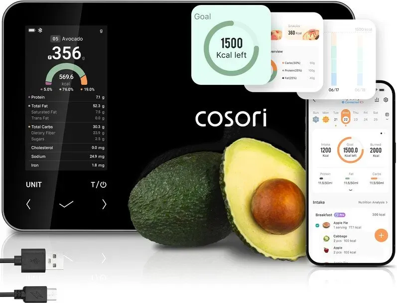 COSORI Smarte Nährwertwaage mit App, Kalorienzählwaage, KI-Scan, Erfassung von 19 Nährstoffen, Lebensmitteldatenbank