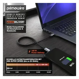 Primewire 2m USB C 3.2 Kabel Gen 2x2-100W PowerDelivery Ladekabel - Datenkabel 20 Gbit/s - Schnellladekabel - USB 3.2 Gen2x2 - Nylonummantelung - 2m