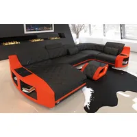 Sofa Dreams Wohnlandschaft Sofa Leder Swing U Form Ledersofa Ledercouch, Couch, mit LED, wahlweise mit Bettfunktion als Schlafsofa, Designersofa orange|schwarz