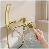 SWHC Badewannenarmatur mit Handbrause, Gold Mischbatterie Badewanne Wasserfall Armatur Wasserhahn Badewanne Heiß oder Kalt Duschamaturenset Messing Wannenarmatur mit Brause