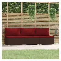 vidaXL 3-Sitzer Polyrattan Sofa braun/rot inkl. Kissen