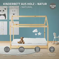 Kinderbett+Matratze Hausbett Bettgestell Holzbett Lattenrost Bett Natur 70x140cm