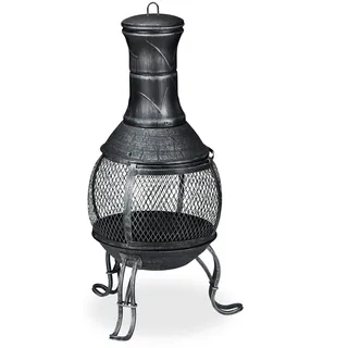 Relaxdays Aztekenofen, Schürhaken, Holzrost, Funkenschutzgitter, Garten, Terrasse, Antik Terrassenofen, Höhe 89 cm, grau