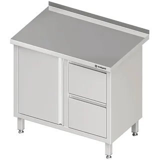 Stalgast Arbeitsschrank mit Flügeltür, 900x700x850 mm, mit 2er Schubladenblock rechts, mit Aufkantung, verschweißt