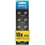 ABSINA Knopfzelle 10er Pack - 1,5V Alkaline Knopfzellen auslaufsicher & AG10 LR1130 78 mAh, 10 Stück