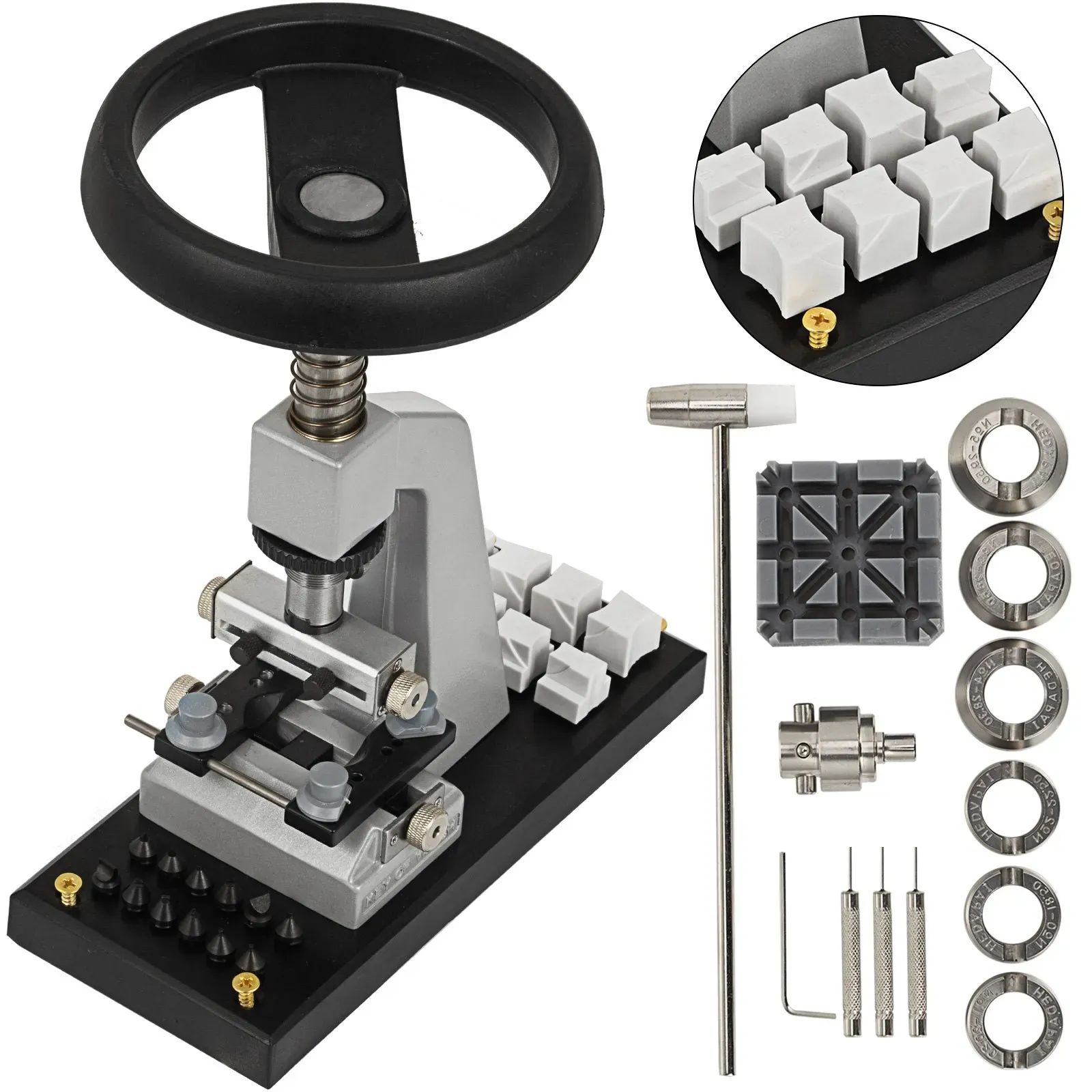 VEVOR 5700 Tisch Uhrenöffner 10 cm × 25 cm, Uhrengehäuseöffner Durchmesser 15 cm, Uhren Öffner Werkzeug Set 3 kg, mit Uhrenarmbandhalter, Reparatur Uhrwerkzeug - Holzbasis für Rolex, Tudor Uhren