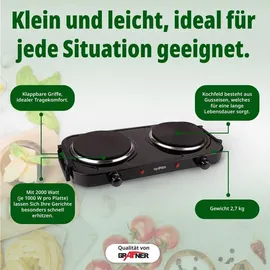 Grafner Kochplatte doppelt mit klappbaren Griffen, 2000 Watt, 2 Massekochfelder mit je Ø 155 mm, stufenlose Temperatureinstellung, Farbe nach Wuns... - schwarz