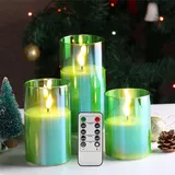 Eywamage Grün Glas Flammenlose Kerzen mit Fernbedienung, Batterie LED Stumpenkerzen 3 Stück