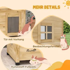 PawHut Katzenhaus aus Holz, Katzenhütte Outdoor, Katzenhöhle mit Türvorhang Gelb