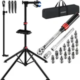 monzana MONZANA® Fahrradmontageständer 30 kg mit Drehmomentschlüssel 1/4 Zoll Set Profi klappbar Tragetasche Reifenheber 1–25 Nm Bitset Transportbox - Schwarz