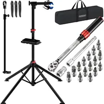 monzana MONZANA® Fahrradmontageständer 30 kg mit Drehmomentschlüssel 1/4 Zoll Set Profi klappbar Tragetasche Reifenheber 1–25 Nm Bitset Transportbox - Schwarz