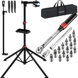 monzana MONZANA® Fahrradmontageständer 30 kg mit Drehmomentschlüssel 1/4 Zoll Set Profi klappbar Tragetasche Reifenheber 1–25 Nm Bitset Transportbox - Schwarz