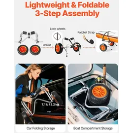 Vevor Kajakwagen, 113 kg, faltbarer Kanuwagen mit 25,4 cm Vollgummireifen & 1 Ratschengurt, Bootswagen zum Transportieren von Kajaks, Kanus, Paddle...