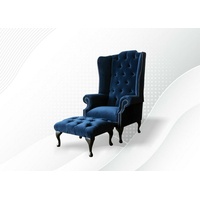 JVmoebel Ohrensessel, Chesterfield Ohrensessel Sessel + Hocker Relax Fernseh 1 Sitzer blau