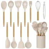 MODFU Kochbesteck-Set 12er Küchenhelfer Set Kochgeschirr Küchenutensilien Küchengerät Küchen (mit Hitzebeständigem Holzgriff und Aufhängeschlaufe, 12-tlg., Kochbesteck, Küchen Utensil Set, Silikon und Holz, Kochutensilien), BPA-frei für Kochen Braten Schöpfen Mischen und Backen usw beige