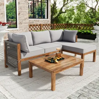 Merax Gartenlounge-Set für 4 Personen, 3-tlg. Gartenmöbel Set mit 2 Eckbänke und Gartentisch, Balkonmöbel Set aus Akazie, Sitzgruppe Rope Seil ... - Grau