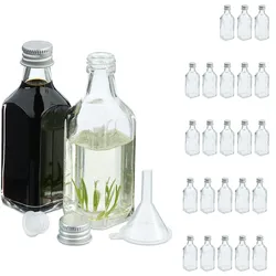 Relaxdays kleine Flaschen, 25er Set, 50 ml, Glasflaschen zum Befüllen, Schraubverschluss & Korken, transparent/silber