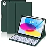MoKo Hülle mit Tastatur für iPad A16 11 Generation 2025/10 Generation 2022(11/10.9 Zoll), iPad 10. Gen Hülle mit Pencil Halter und magnetisch Abnehmbarer Tastatur mit QWERTY, Nachtgrün