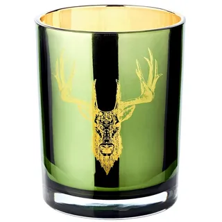 Edzard Teelichtglas Ted, außen grün innen gold, Hirsch-Design, Höhe 13 cm,