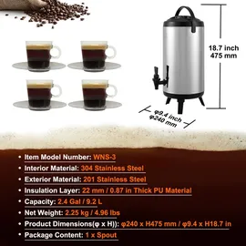 Vevor Heiß- und Kaltgetränkespender Getränkespender 9,2 L, Edelstahl Heiß- und Kaltwasserbrunnen Großer Getränkespender mit Zapfen & Tragegriff für Kaffee, Wasser, Saft, Isolierkanne für Cafés, Bars