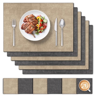 Tischsets Abwaschbar Leder und Untersetzer 6 Set, Doppelseitigen Platzset Abwaschbar und Wasserdicht Platzdeckchen Leder Kunstleder Tischset Lederoptik Platzset (Apricot Schwarz)