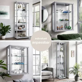 K-Möbel Glasvitrine Silber Glas, 4 höhenverstellbaren Glasböden, Spiegel LED - Standvitrine - Vitrinenschrank Silber