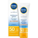 NIVEA SUN getönte Sonnencreme fürs Gesicht LSF 50, mattierende Gesichtssonnencreme, getönte Sonnencreme für mittleren Hauttypen, UV Gesicht Mattierender Getönter Sonnenschutz (50 ml)