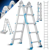 Masko MASKO® Aluleiter Mehrzweckleiter 4x5 Sprossen Teleskopleiter Multifunktionsleiter ? Aluleiter ? Klappleiter Anlegeleiter Bockleiter Schiebeleiter beidseitige Steh und Treppenleiter