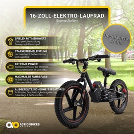 Actionbikes Motors Elektro-Laufrad, 16 Zoll, Kinder-Balance-Bike m. 250 Watt, Scheibenbremsen, 3 Geschwindigkeitsstufen (Rot)