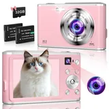 Digitalkamera, 4K Dual Kamera Autofokus tragbare Kompaktkamera mit 32G SD Karte, FHD 48MP mit 2,8 Zoll großem Bildschirm, 16X Digitalzoom Fotokamera für Kinder Teenager Anfänger-Rosa