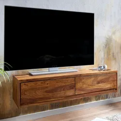 Kadima Design Massivholz Wand-Lowboard, Hochwertiges `Tv`-Board aus Sheeshamholz, Modernes Design, 2 Schubladen. 108x34x25 cm