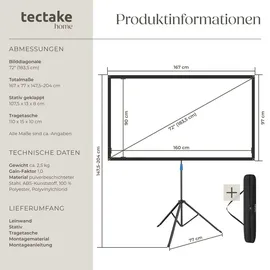 Tectake tectake® Beamer-Leinwand für 4K HD, Ultra HD und Full HD, Gain-Faktor 1,0, reißfester Terylenestoff, faltenfrei gespannt, Format 16:9, 72“