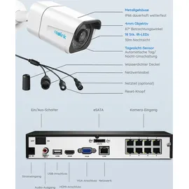 Reolink Überwachungskamera Set, Outdoor, 4X 8MP PoE Bullet Überwachungskamera+8CH 2TB HDD nvr, Personen-/Fahrzeugerkennung, 30m Nachtsicht, 24/7