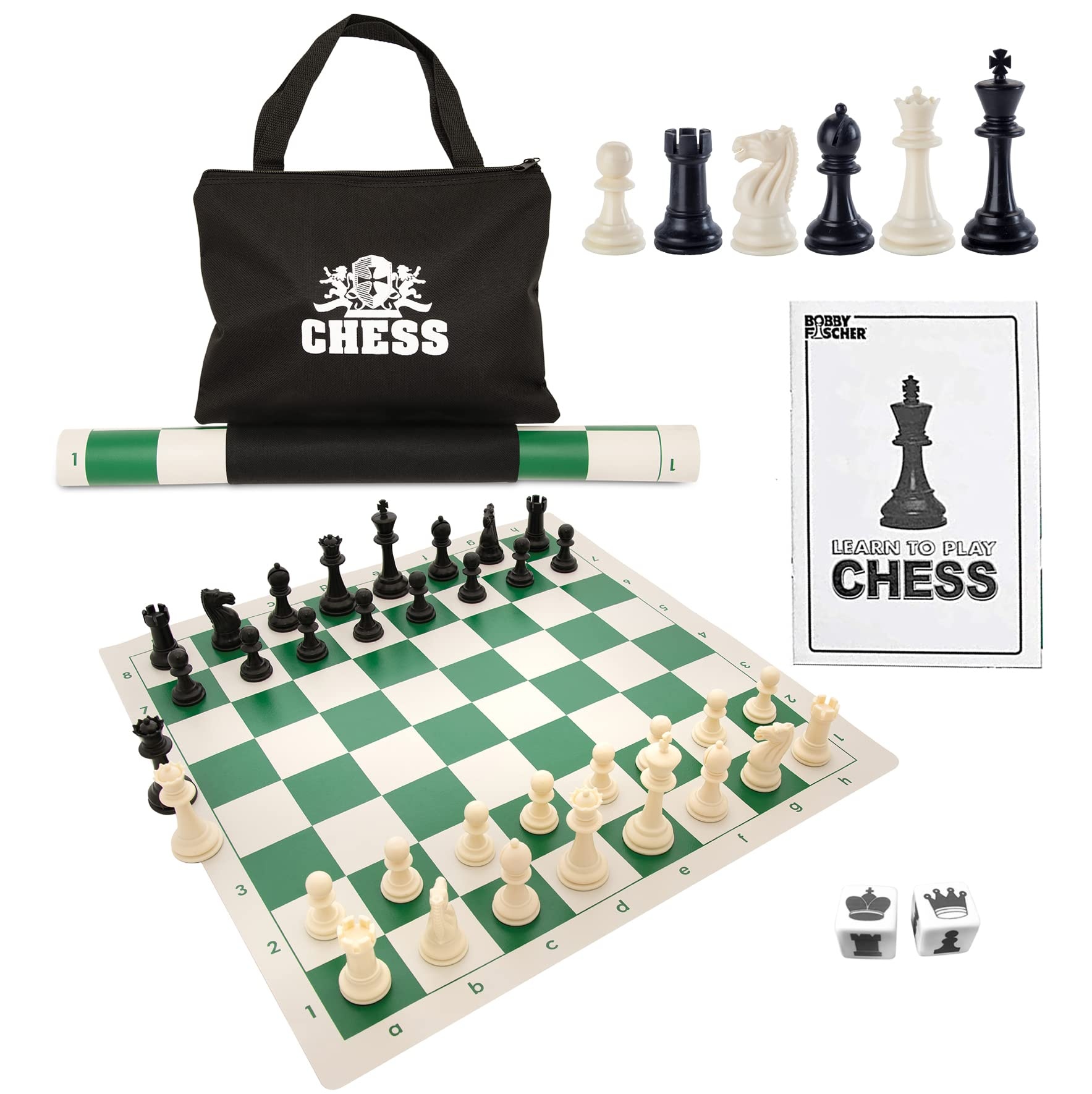 Best Value Tournament Chess Set - 90% Plastic Filled Chess Pieces and Green Roll-up Vinyl Chess Board by Wood Expressions - Toys