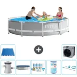 Intex Round Prism Frame Swimming Pool – 305 x 76 cm – Grau – inklusive Pumpe Abdeckung - Wartungspaket - Filter - Reinigungskit - Bodenfliese...