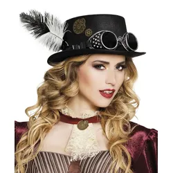 Schwarzer Steampunk Zylinder mit Brille & Federschmuck - OS