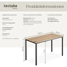 Tectake tectake® Schreibtisch Vanport 120x60x75,5cm Industrial Holz Hell, Eiche Sonoma