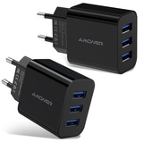 Amoner USB Ladegerät Adapter Mehrfach 15W USB Stecker 3-Port 2 Stücke Ladeadapter,USB Netzteil Stecker für iPhone 14/13/12/11/ X/8 und Weitere USB-Anschluss Geräte Schwarz