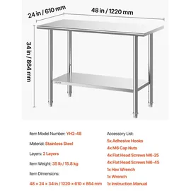 Vevor Edelstahltisch Gastro 1220 x 610 x 864 mm, Verstellbarer Edelstahltisch Küchentisch, Arbeitstisch Gewerblich mit Grundboden für Restaurant Schwerlast Obere Ablage (245 kg) Untere Ablage (204 kg)