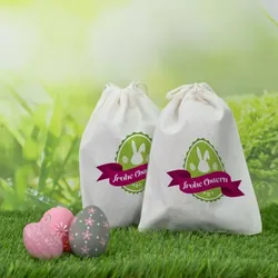 Baumwoll-Zuziehbeutel-Stoffbeutel "Frohe Ostern - Hase"