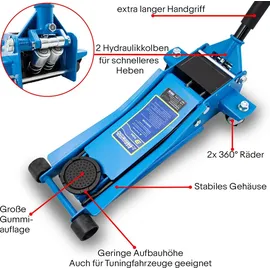 BITUXX Hydraulischer Rangierwagenheber 3T extra flach Wagenheber hydraulisch 3 Tonnen Hubhöhe von 8 cm bis 51 cm inkl. Gummiauflage und mit 2 Hydraulikkolben