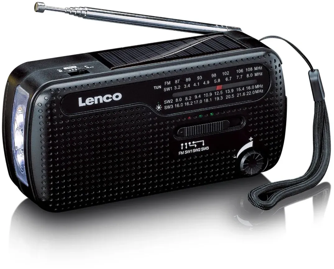 Lenco MCR-112BK - Tragbares Notfall Radio mit Aufziehfunktion, Taschenlampe und Powerbank in einem - Schwarz