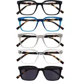 OPULIZE KOI Lesebrille & Sonnenleser 5er Pack - Rechteckiges Gestell - Schwarz-Blau-Grau-Klar-Schwarz - Damen Herren - Federscharniere - RRRR50-57CQ - +2.50