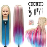 Trainingsköpfe, 28 inch Frisierkopf 100% Synthetikfaser-Haar Übungskopf, Frisurenkopf Ausbildung Kopf Mit Halter + DIY Haar Styling Braid Set (Regenbogen)