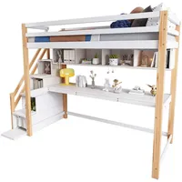 Flieks Hochbett Kinderbett Etagenbett mit Schreibtisch und Treppe 90x200cm Kiefer weiß