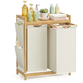 Songmics Wäschekorb 2 Fächer, Bambus, Wäschesammler 100 L, mit Ablage - Weiß