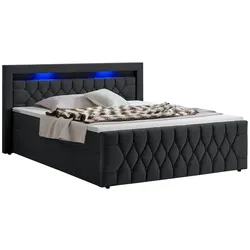 Juskys Boxspringbett Leona Samt 180x200 cm in Schwarz – mit LEDs, Topper & H4-Federkern-Matratzen
