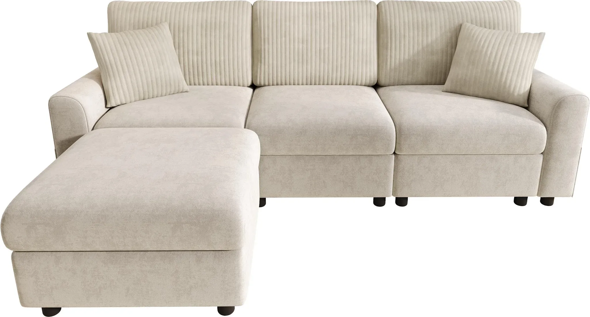 Modernes Sofa mit Fußhocker, Dual‐Port‐Ladefunktion, inkl. 2 quadratischen Kissen, abnehmbare Sitzkissen, 223x146x84 cm, Beige