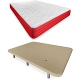 DUÉRMETE ONLINE - Komplettes Bett mit wendbarer Lite-Matratze + verstärkter Unterseite, Beige mit 6 Metallfüßen, Gewinde 90 x 190 cm